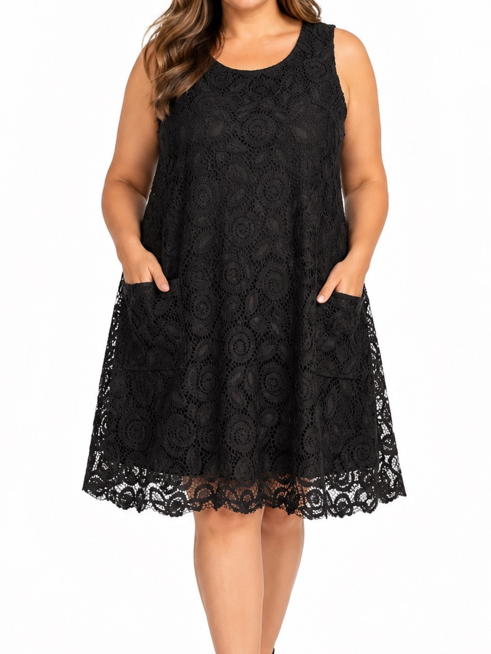 Nina Leonard Black Crochet Lace A-Line Dress 1X Pockets
